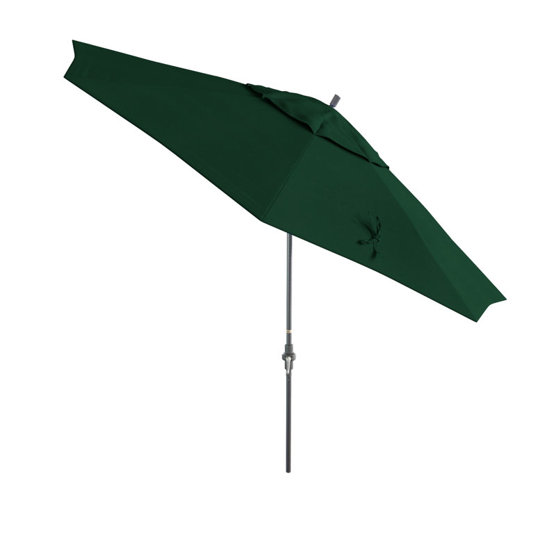 Parasol de patio gris 11 pieds avec manivelle en aluminium nervuré en vert forêt Sunbrella, Sunbrella® vert forêt