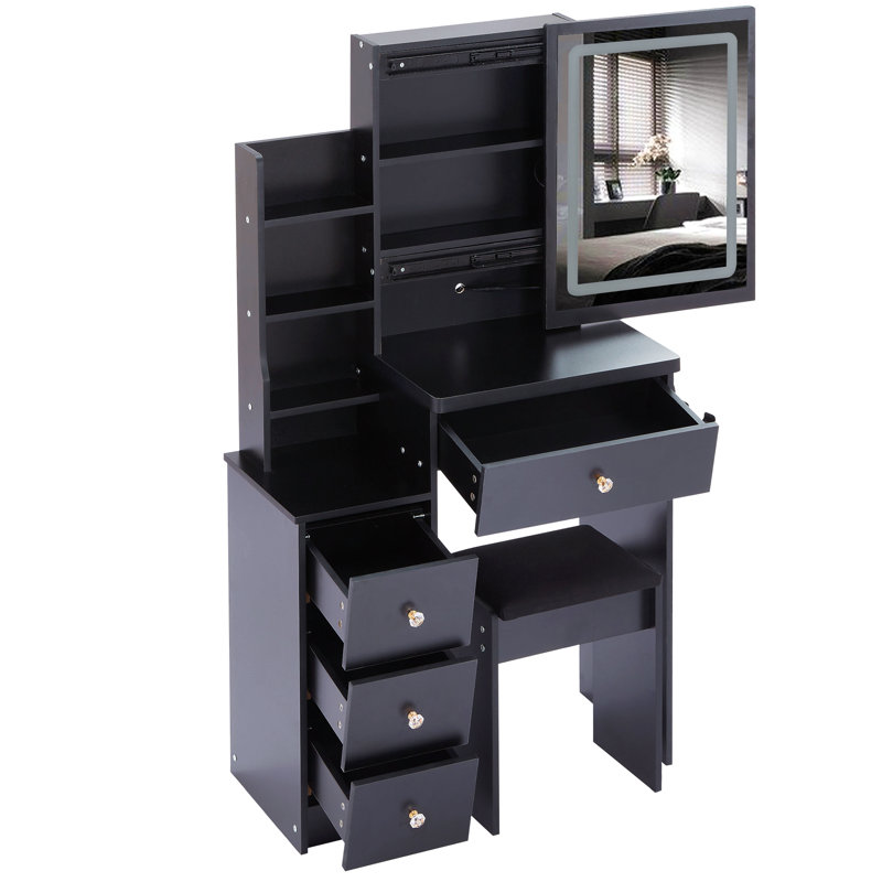 29.2" Small Size Left Bedside Cabinet Vanity Table + Cushioned Stool, 2 Ac+2 Usb Power Station, Hair Dryer Bracket, Extra Large Touch Control Sliding Led Mirror, Tri-Color Switching, Brightness Adjust