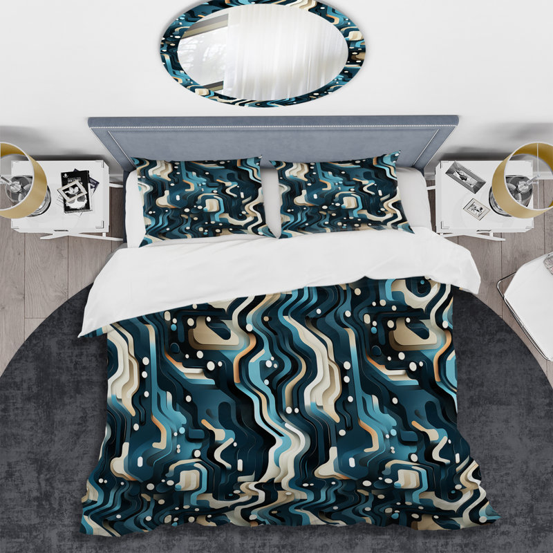 Literie matricielle bleu sarcelle et blanche, Housse de couette pour très grand lit et 2 très