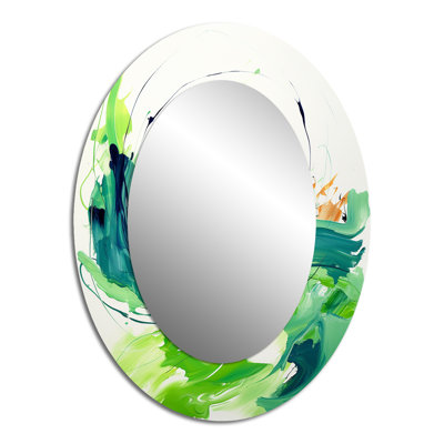 Green And White Abstract Ink Expression VI - Modern Oval Wall Mirror