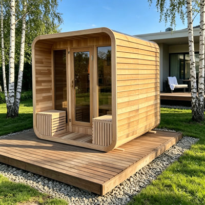 Smartmak® 6-8 Person Outdoor Wood Steam Sauna Room with Porch Design, Traditional Canadian Red Cedar Wooden Saunas Spa, ETL-Certified Heater, Rocks, Light, Headrest, Backrest, 195℉