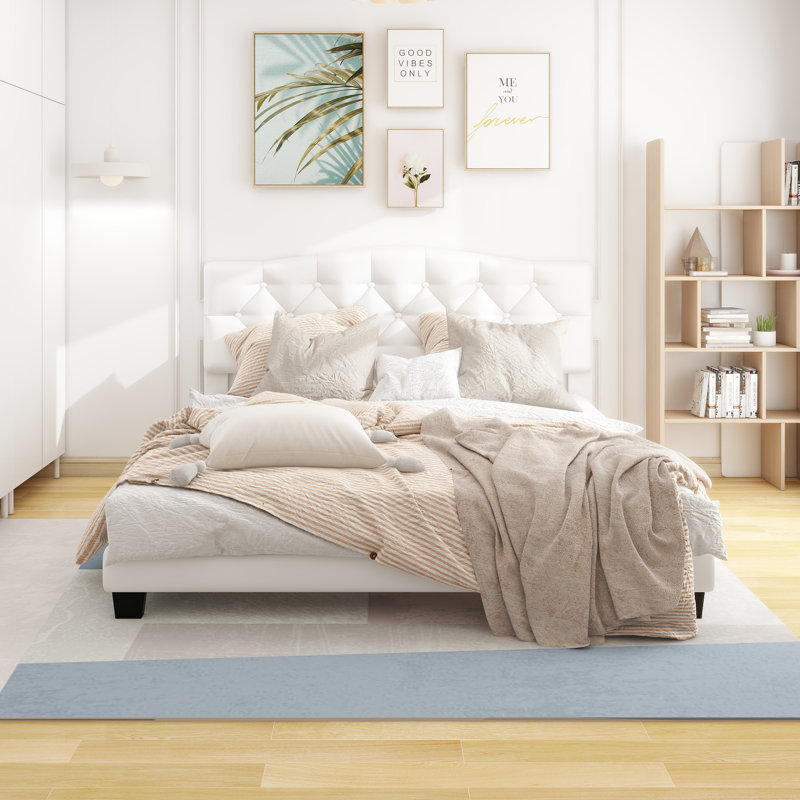 Upholstered Platform Bed with Saddle Curved Adjustable Headboard and Diamond Tufted Details,Wooden Slats and Metal Support, No Box Spring Needed, Beige