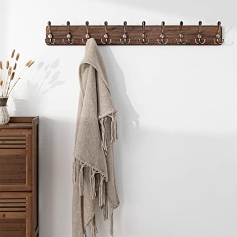 Coat Rack Wall Mounted - 38.3'' Long, Pack of 2, Wooden, Heavy Duty, Rustic Coat Hooks for Wall, Wall Coat Rack with 10 Triple Hooks for Hanging Clothes, Jacket, Hat(Brown & Retro Red)