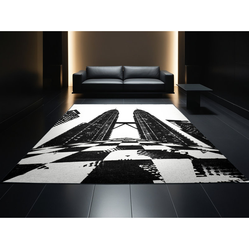 Machine Washable Parez Kuala Lumpur Petronas Towers Modern Checkered Rug in Green – Black Binding, 2x5