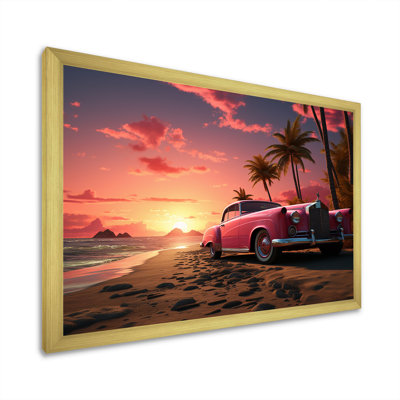 Rose Cadillac sur la plage au coucher du soleil I - voiture, art mural américain ancien