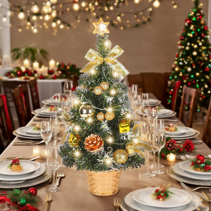 Petit arbre de Noël de 45 cm avec lumières, mini arbre de décoration de bureau avec sommet d'arbre en forme d'étoile, boules, arcs, pommes de pin pour bureau à domicile, bar, décorations de Noël