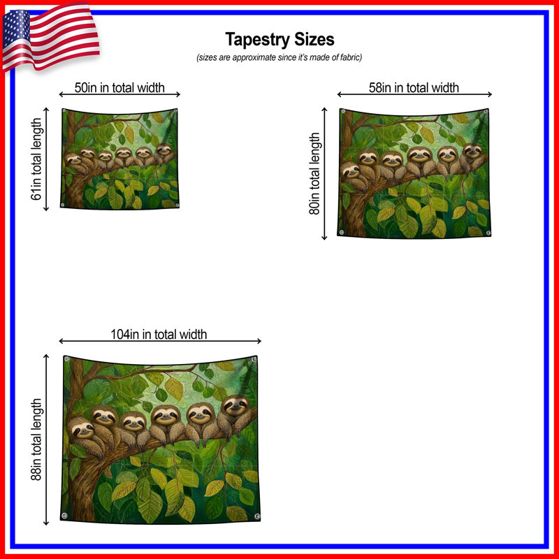 Tapisserie murale paresseux - Décoration murale animal, H 51 po x l 60 po avec 4 œillets