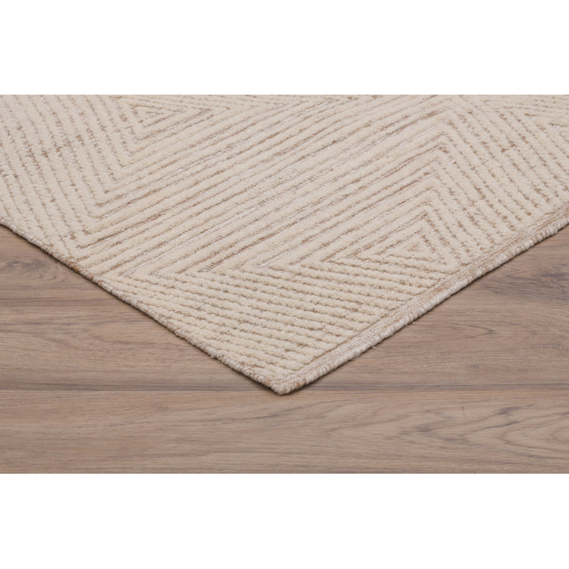 Rectangle Geometric Hand-Knotted Wool/Viscose Area Rug in Cream, Rectangle 6' x 9'