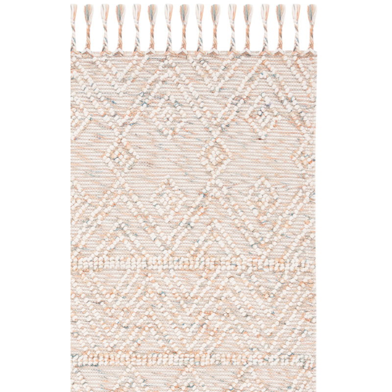 Leming Hand Loomed Wool/Cotton Geometric Rug in Ivory/Blue, Rectangle 4' x 6'