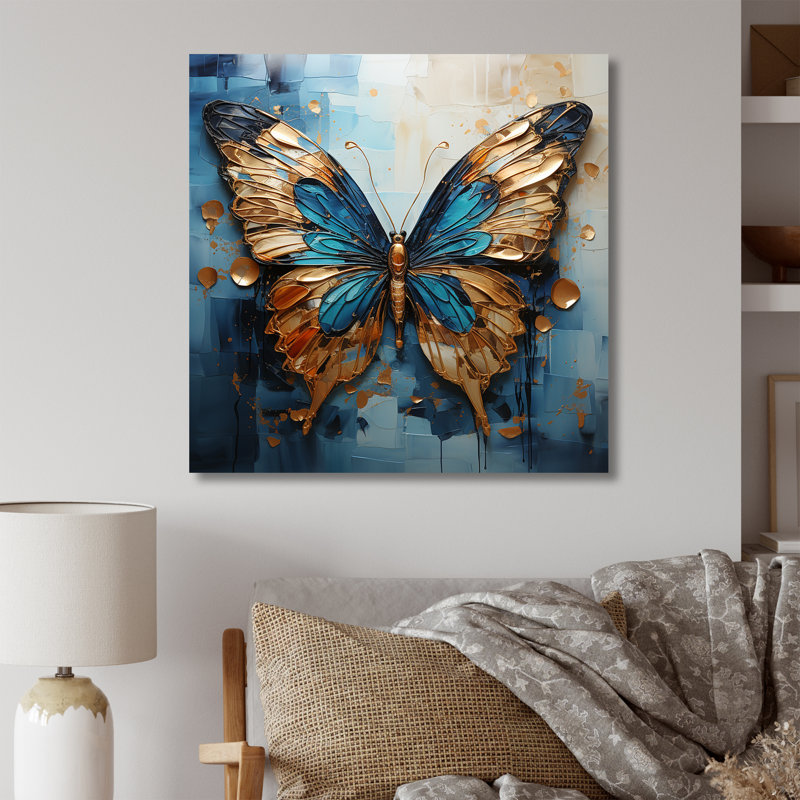 Or et bleu, papillon métallique I - art mural papillon, H 30 po x l 30 po x P 1,5 po, Toile tendue