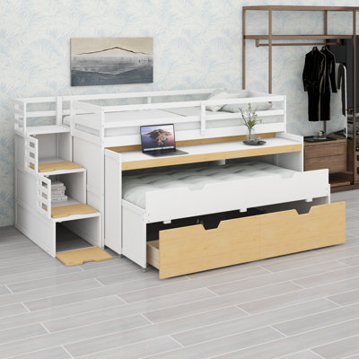 Lit mezzanine optimisé pour les petites pièces avec bureau d'étude coulissant, lit gigogne, 2 tiroirs spacieux et marches de rangement
