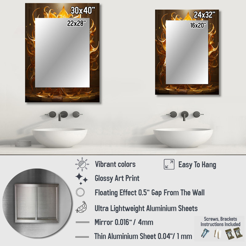 Abstract Golden Sunflower Glam Blooming III - Sunflower Mirror, Traditional Unique Wall Mirror, Printed Metal Art, 40" x 30"