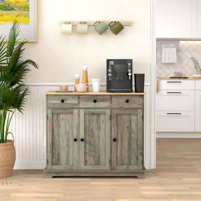 Sideboard With Solid Wood Countertop, Modern Kitchen Storage Cabinet, Coffee Bar Cabinet With 3 Drawers, Doors And Adjustable Shelf, Distressed
