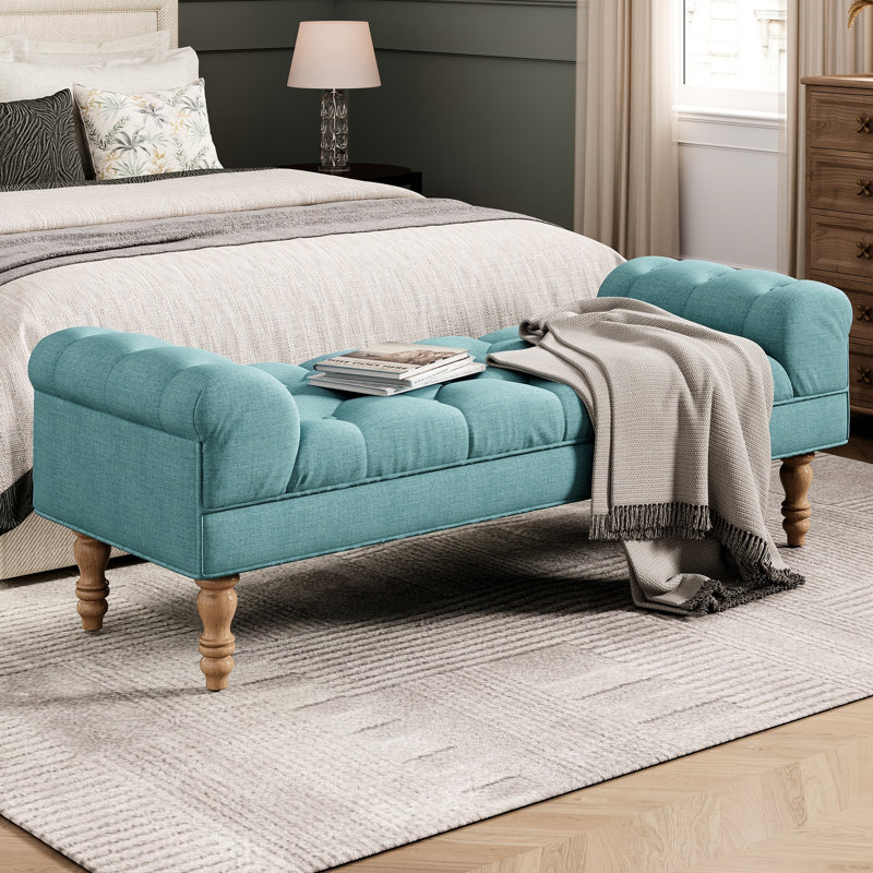 Banc rembourré bleu sarcelle poussiéreux avec pieds, repose-pieds, accoudoirs arrondis et emplacement polyvalent pour chambre, salon, entrée, bouton - pieds stables en bois massif