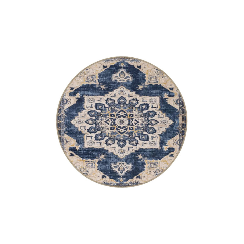 Blue Cream Traditional Checkered Floral Woven Base Washable Carpet, Rectangle 5'2" x 7'7"