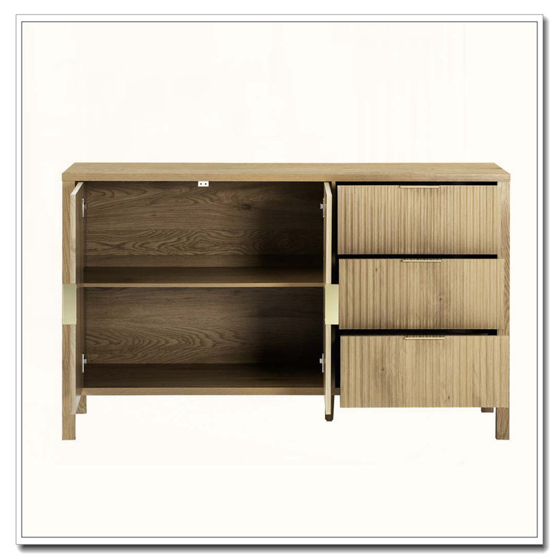 Modern Wave-Pattern Sideboard with 3 Drawers, Hooks, and Extra Center Leg, Natural