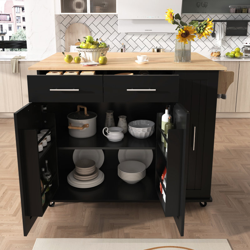 Luxury Kitchen Island With 5 Wheels & 3 Tier Pull Out Cabinet, Black Mobile Cart Adjustable Shelves, Black