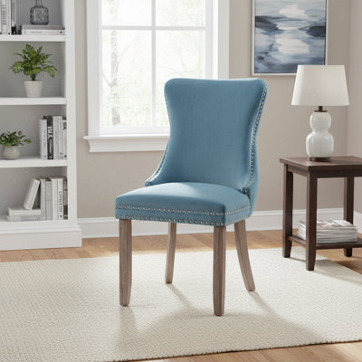 Light Blue 2-piece Dining Chairs, Upholstered Wingback Design + Tufted Nailhead Trim, Equipped With Solid Wood Legs, Fits Modern Or Cozy Scenarios