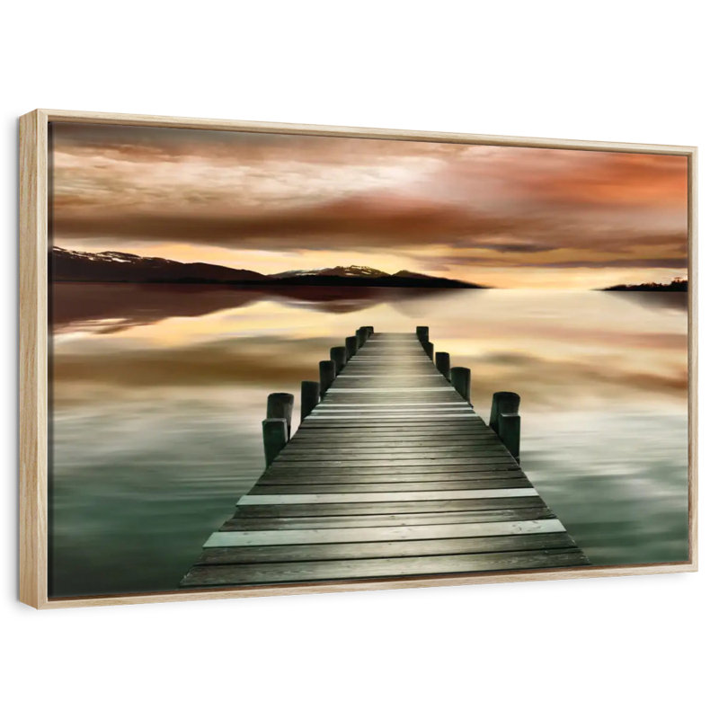 Jetée au coucher du soleil, Cadre flottant en bois naturel, 46 po x 31 po