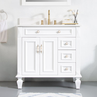 Meuble-lavabo en bois massif H 35 po x l 36 po avec comptoir en quartz Carrera résistant aux taches et lavabo simple