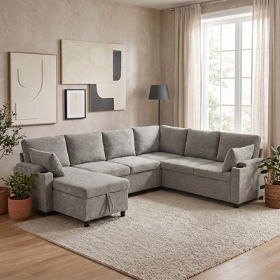 109.92" Sleeper Sectional Sofa with Pull Out Sofa Bed, U-shaped Sectional Couch Bed with Ample Storage Space and Charging Ports for Living Room