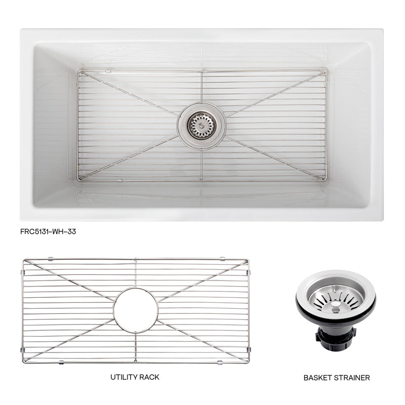 Fireclay Venice Front Reversible 33" L x 18" W Farmhouse/Apron Kitchen Sink with Accessories, White Gloss
