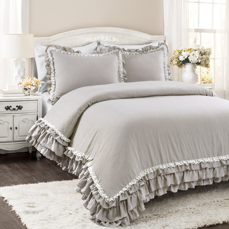 Ella Shabby Elegance Ruffle Lace Microfiber Comforter Set, Light Gray, Twin XL Comforter + 1 Standard Sham
