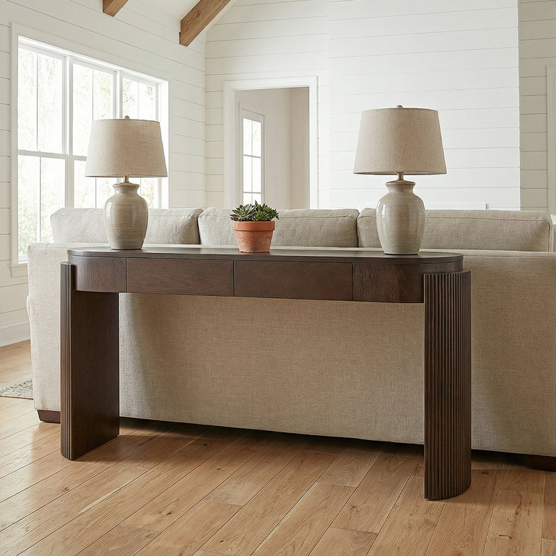 Elegant Oval Console Table With Fluted Details & Storage Drawers For Entryway, Espresso Wood