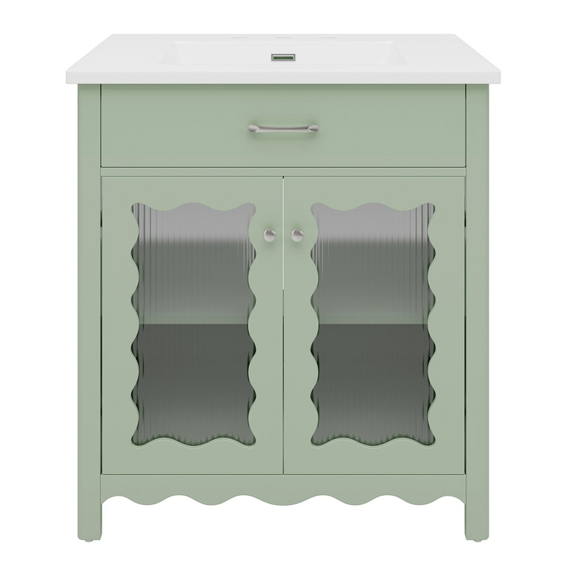 Meuble-lavabo de 31 po avec verre trempé, armoire de salle de bain moderne avec pieds en bois d'hévéa et portes à fermeture en douceur