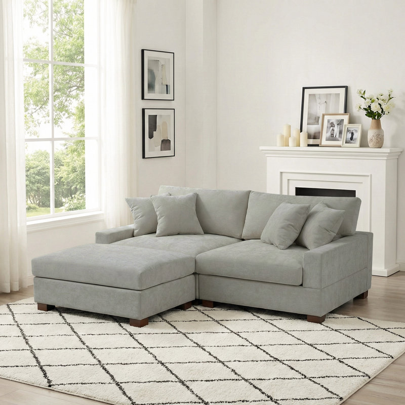 3 - Piece Upholstered Gray Chenille Modular Sectional Sofa with Throw Pillows & Removable Ottomans, Gray Chenille