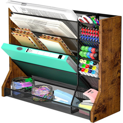 Wall Desk File Organizer 5 Tiers, Ironwood Hanging File Organizer with R-shaped Tray