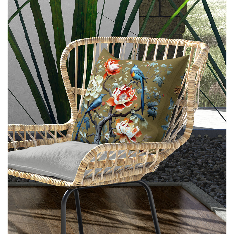 Botanical Bird Reversible Square Throw Pillow in Blue and Orange