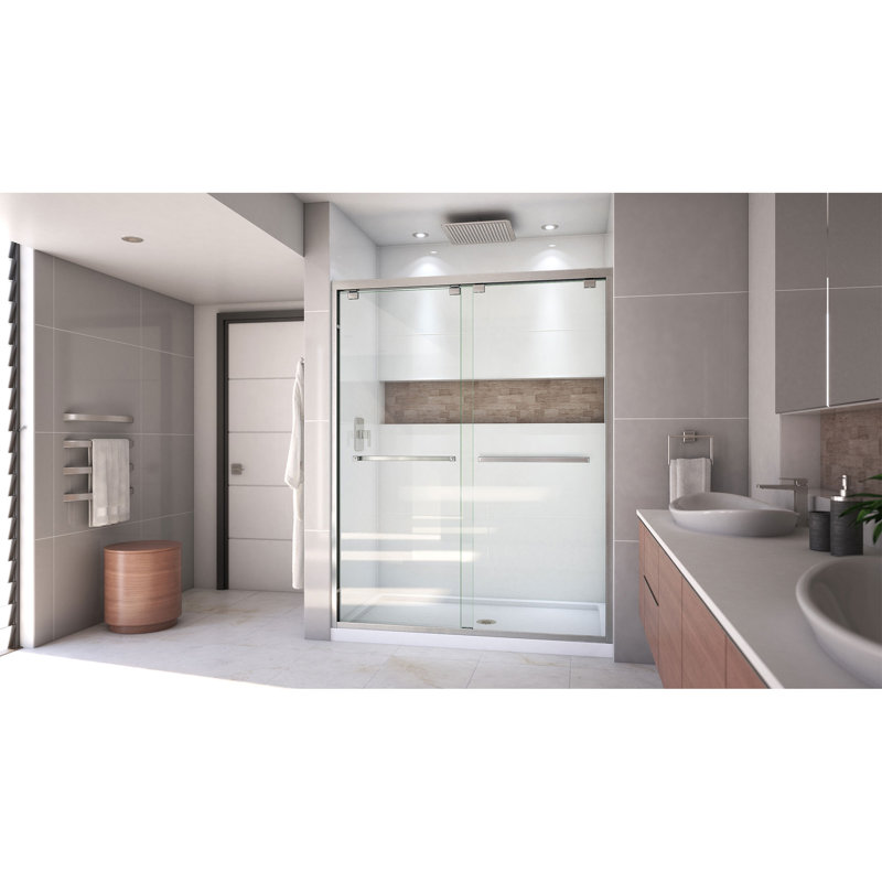 Cabine de douche coulissante sans cadre H 78,75 po Encore, Nickel brossé / Blanc, Centre