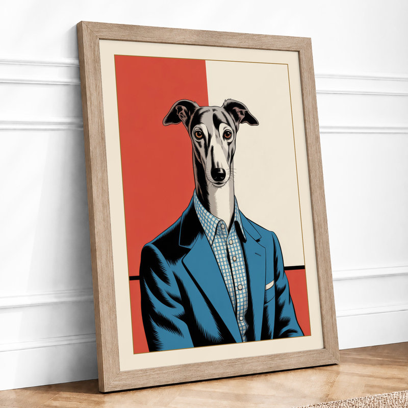 Greyhound in Blue Modern - Framed Print, A3 - 42.0 x 29.7 cm, Oak