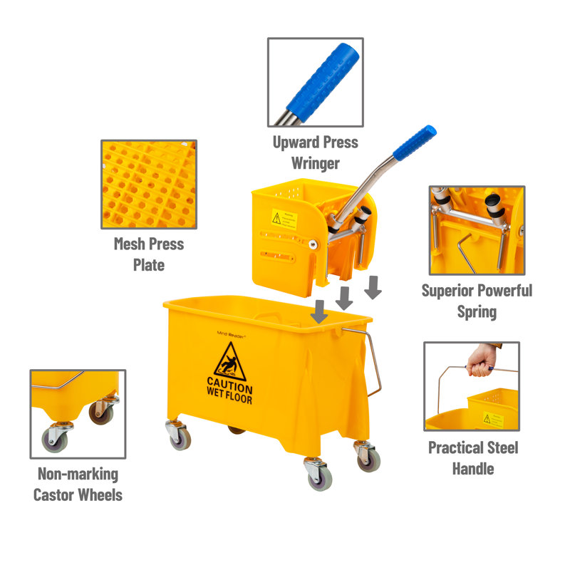 Yellow Polyethylene Mop Bucket with Wringer and Wheels, 22 Qt