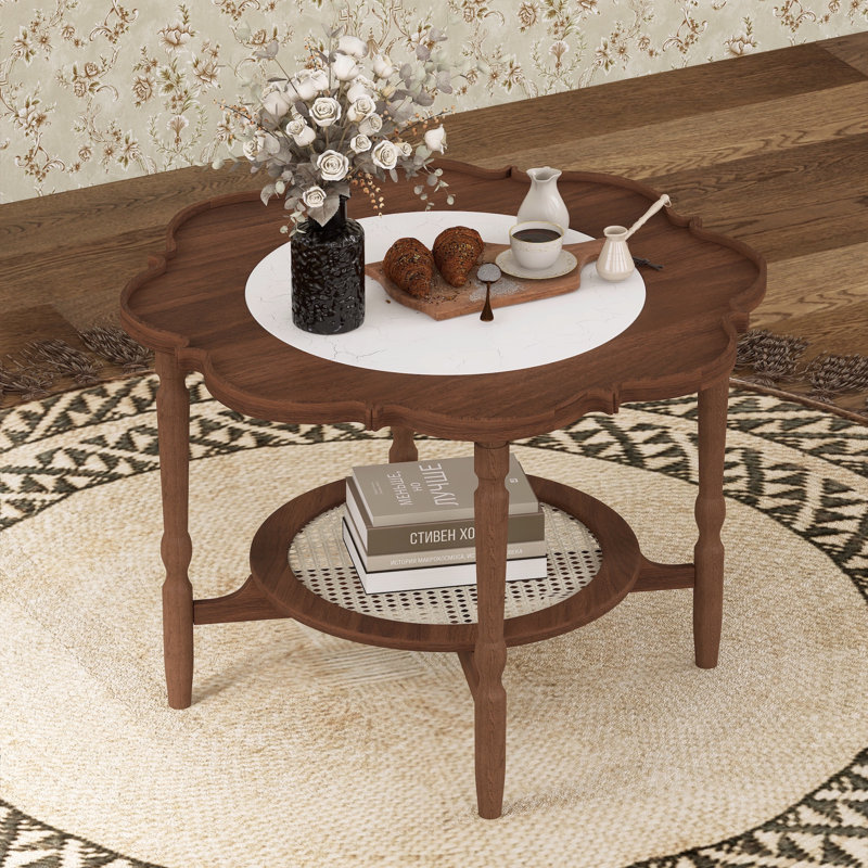 Table basse Mid-Century Petal avec tablette en rotin et verre craquelé