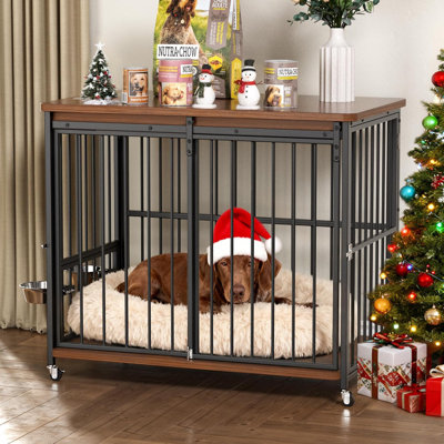 Dog Crate Furniture, 41’’ Wooden Dog Kennel Indoor With Sliding Front Door, Multi-side Openings & Feeding Window Pet Cage House