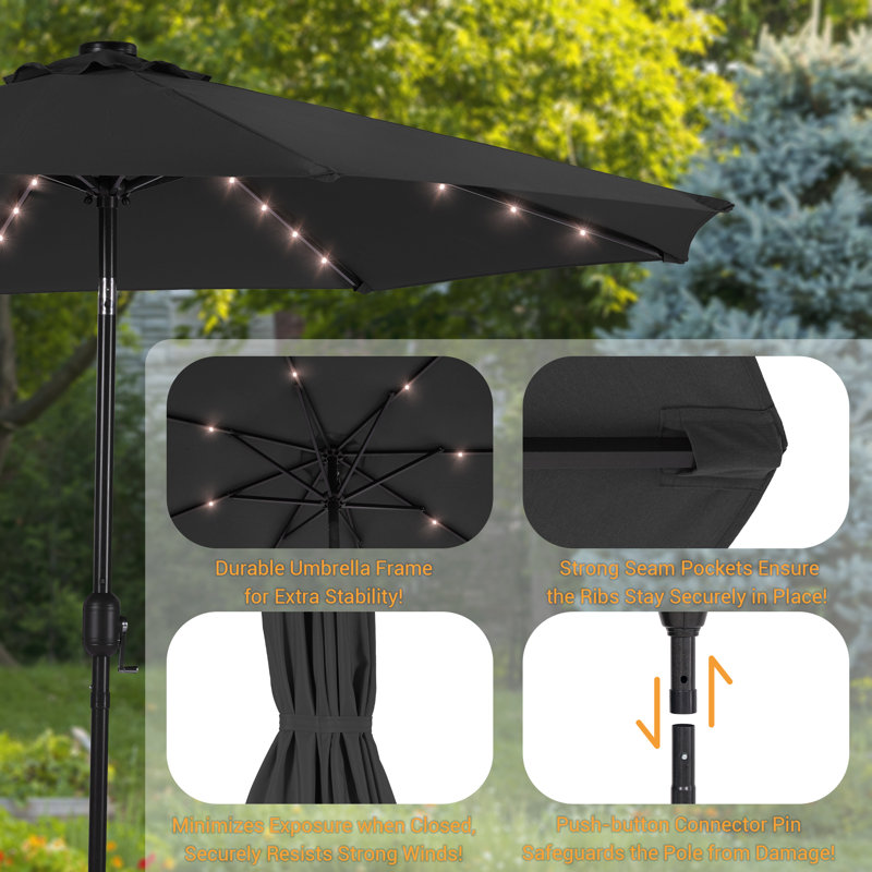 Parasol de marché 10 pi avec DEL et manivelle pour l'extérieur, Noir