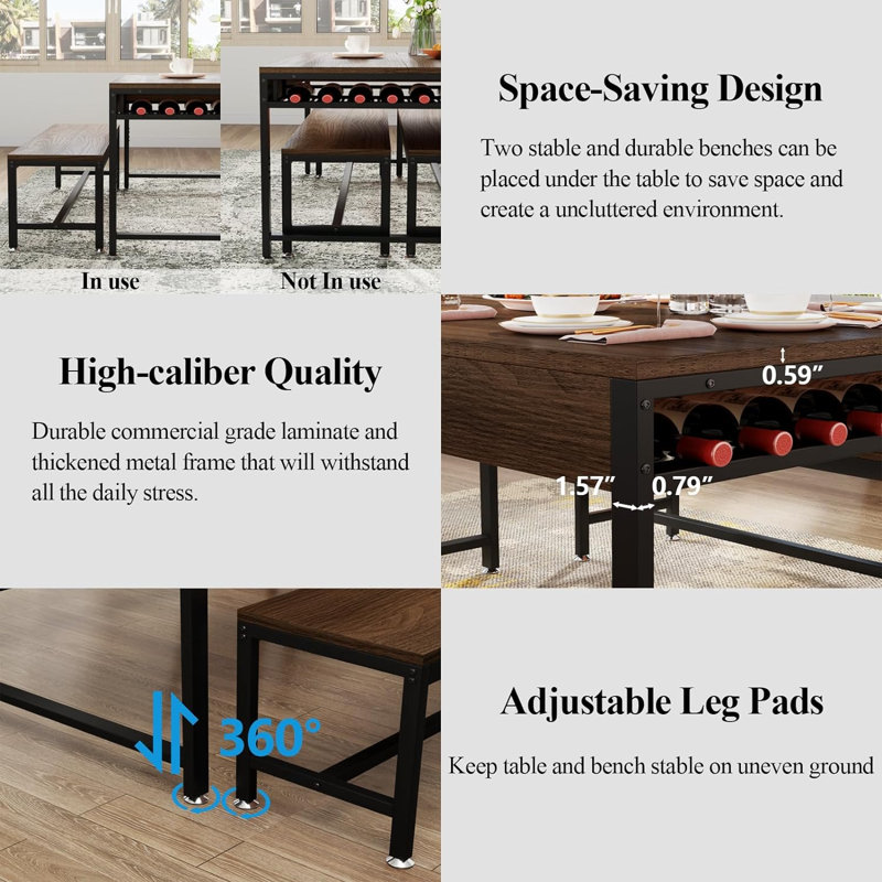 Walnut 63'' Dining Table Set with Benches and Wine Rack