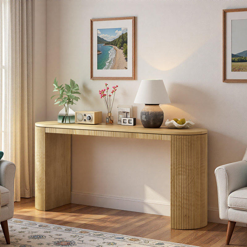 Console incurvée de 59,22 po avec bande verticale unique, idéale pour le salon, le bureau et l'entrée, Naturel