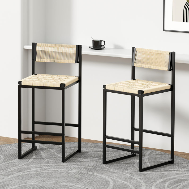 Ensemble de 2 tabourets de bar tissés avec dossier en corde de papier pour l'îlot de cuisine (style B noir et blanc crème)