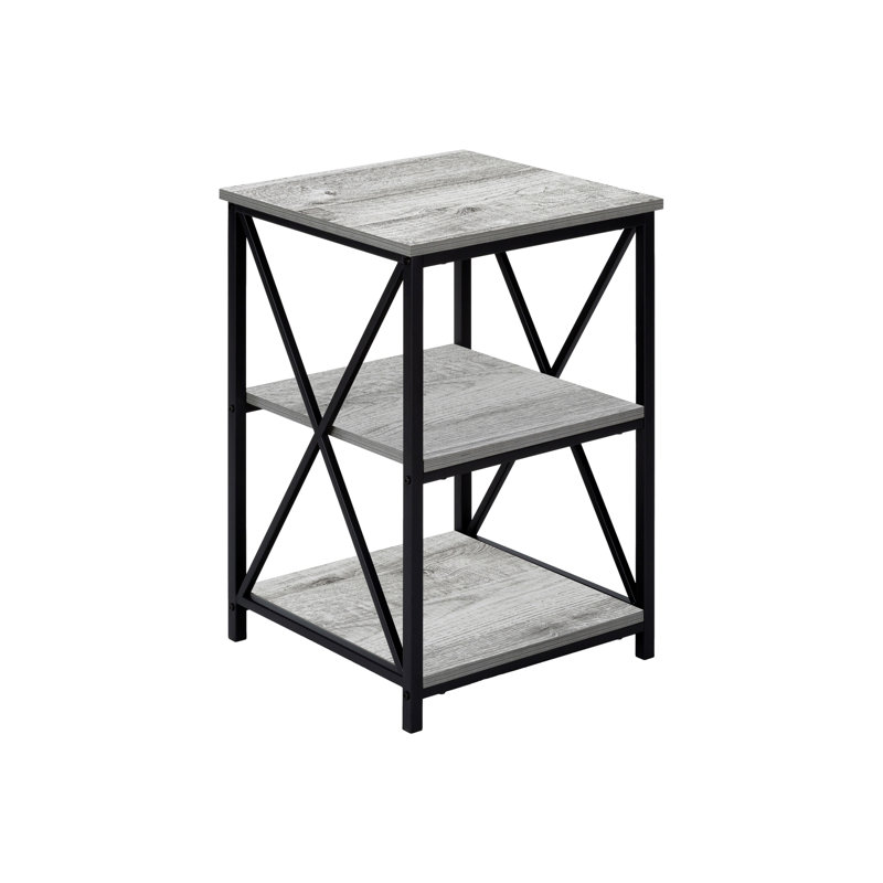 Table d'appoint moderne avec aspect bois gris et base en métal noir stratifié pour un décor polyvalent