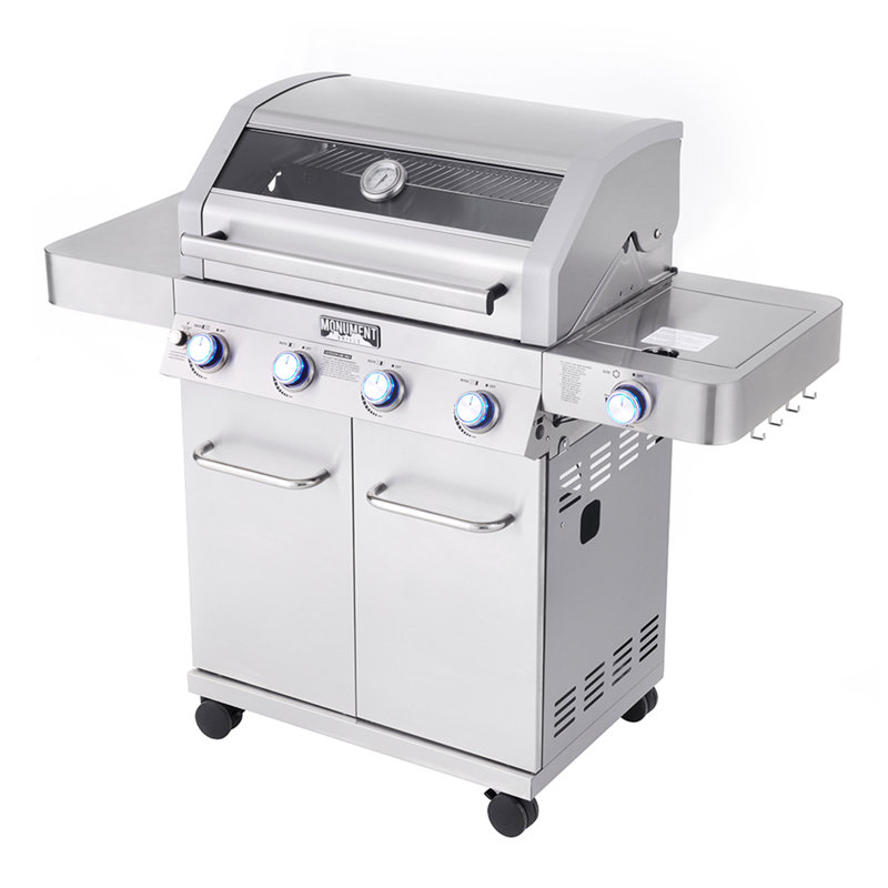 Barbecue au gaz 4 + 1 en acier inoxydable avec brûleur latéral, au propane convertible et au gaz naturel Monument Clean Grills 41847NG, facile à nettoyer, 723 pieds carrés Po - Idéal pour les barbecues en famille