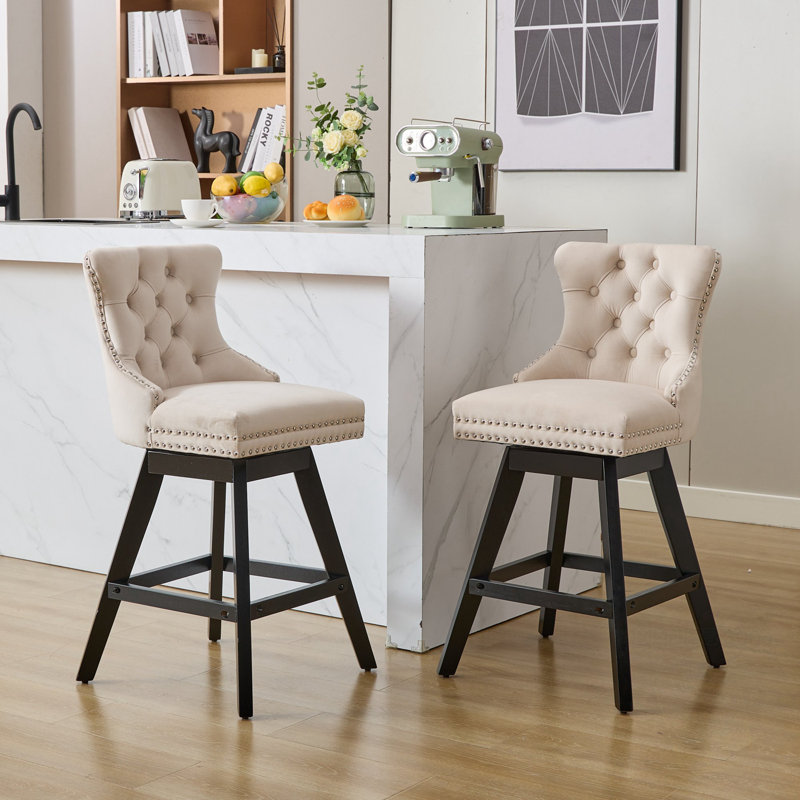 Swivel Velvet Barstools Set Of 2 With Button Tufted Decoration And Wooden Legs, Beige