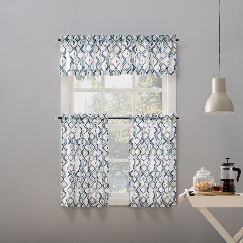 Maree Geometric Semi-Sheer Rod Pocket Kitchen Curtain Valance and Tiers Set, 54" W x 24" L