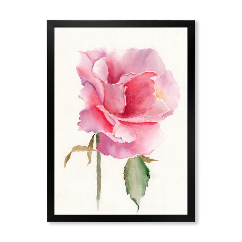 Fleur rose vif rétro - peinture sur toile, H 44 po x l 34 po x P 1,5 po, Cadre noir