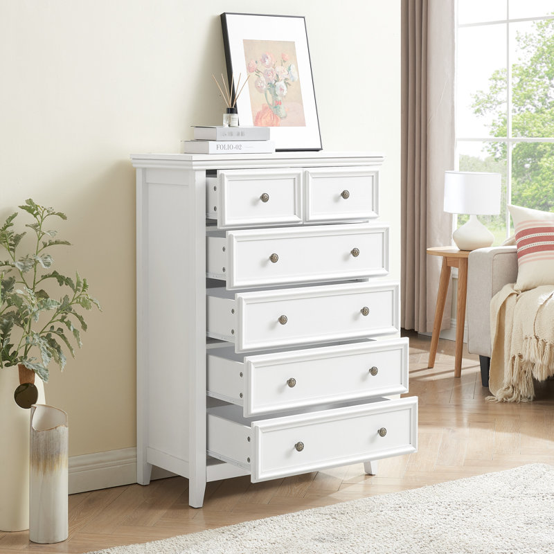 Commode blanche moderne à 6 tiroirs - rangement spacieux avec poignées en métal et 6 tiroirs pour le salon blanc