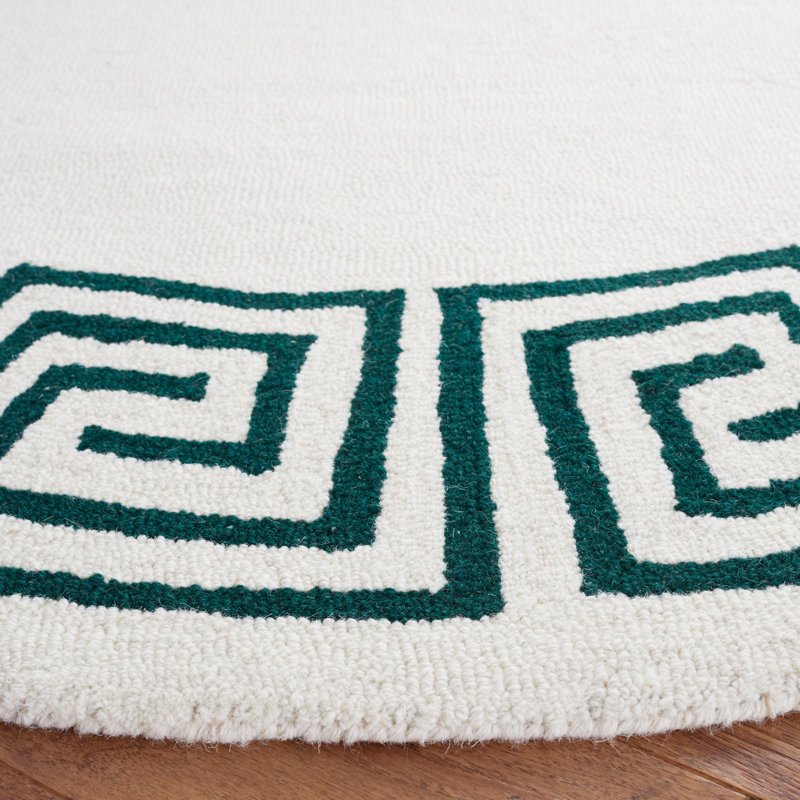 Diljana Hand Tufted Wool/Cotton Greek Key Border Rug in Ivory/Green, Round 6'