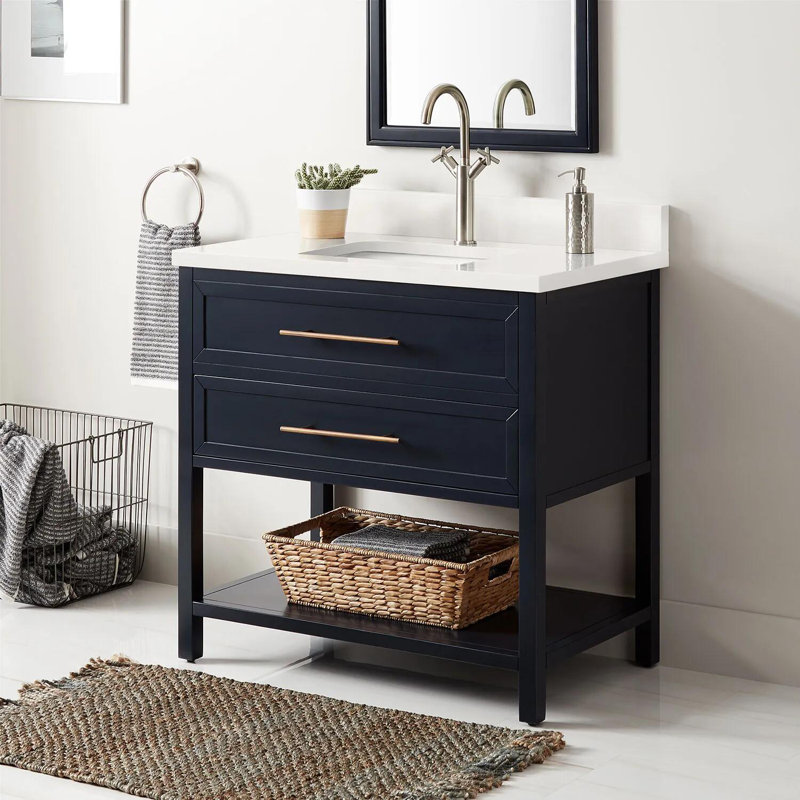 36" Robertson Single Bathroom Vanity Set with Rectangle Undermount Sink, Arctic White Quartz, Black, 8" Widespread