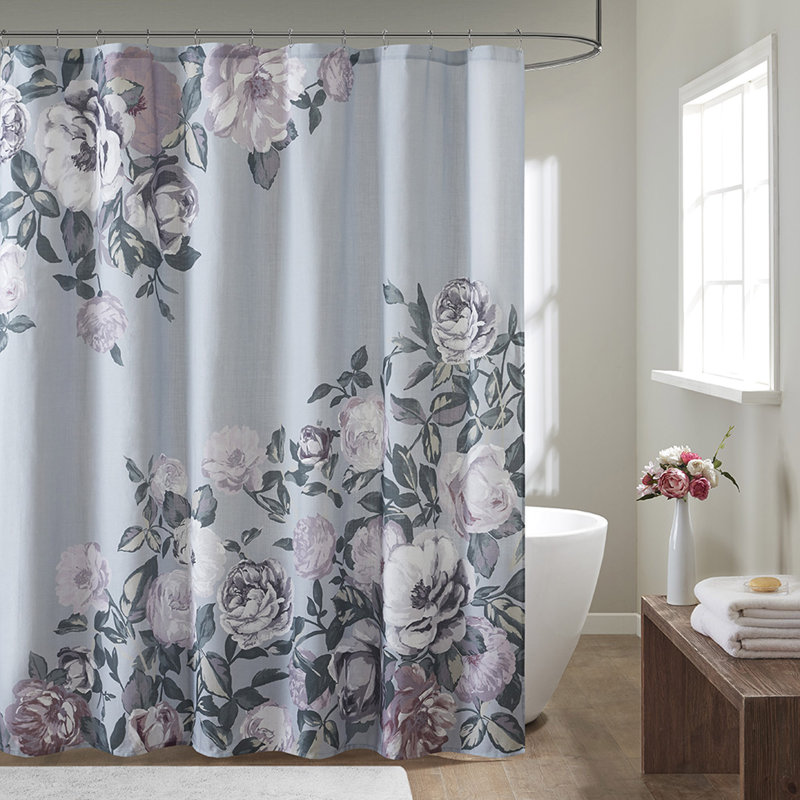 Rideau de douche en coton à imprimé floral, Gris